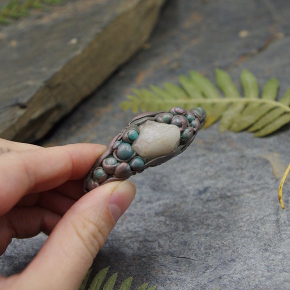 Coral Hair Clip with Milky Quartz, Hand Sculpted with Poly Clay - Picture 4 of 6